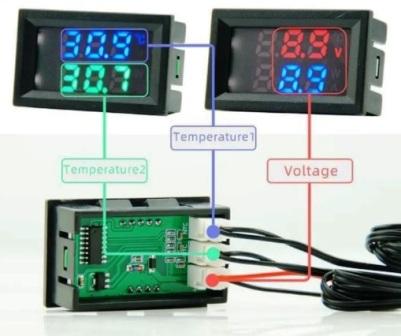 Рабочее напряжение: 4-28 В постоянного тока.
Диапазон температур: от -50 ° C до 120 ° C.
Измерение напряжения: 4-30 В Погрешность: ±1,0 В (не регулируется)
Диапазон измерения температуры: -50 ℃-120 ℃ Погрешность: ±1,7 ℃ (не регулируется)
Рабочий ток: равен или меньше 20 мА
Датчик температуры: кольцевой или стержнеобразный датчик NTC 3950 10K 1%, длина 100 см
Стандартный провод: красно-черный провод XH-2.54-2P (тонкий провод, общая длина 155 мм)
Термометр цифровой + 2 внешних датчиков с кабелем 95 см., (2 х G13),-50 +70 С , чёрный