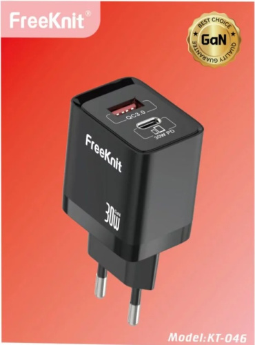 Блок питания USB QC18w +Type-C PD30w в розетку черный FreeKint KT-046