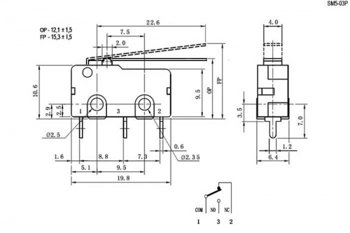 Тип : микропереключатель серии SM5 с рычагом
Схема переключения : ON-(ON) (3P) SPDT
Номинальное напряжение : AC: 125/ 250 В
Номинальный ток : 3 А
Контактное сопротивление, не более : 50 мОм
Сопротивление изоляции, не менее : 100 (при Uисп.dc=500 В) МОм
Диэлектрическая прочность : 1000 (50 Гц, 1 мин.) В
Количество циклов коммутации (электро), не менее : 30000 раз
Диапазон рабочих температур : 10T85: -10...+85/ 25T85: -25...+85* °С
Дополнительно : вынос рычага FP/ OP - 15,3/ 12,1 +/-1,5 мм
Высота : 10,6 (корпус) мм
Ширина : 6,3 мм
Глубина : 19,8 (корпус) мм фото 2 Микропереключатель SM5-03P 250v 3a фото 2