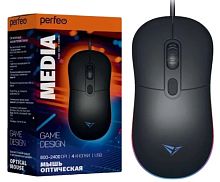 Мышь проводная Perfeo Media USB игровая черная с подсветкой 4 цвета 4 кнопки 800-2400 dpi