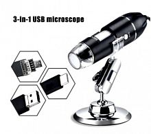 Микроскоп 1600х с подсветкой LED на подставке с USB 3 в 1