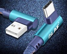 Шнур USB A штекер - Type C штекер 0,25м угловой 2,4A повышенная прочность джинсовая ткань 