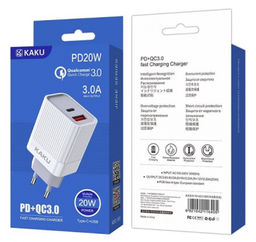 БП 1*USB QC20w +1*Type-C PD20w в розетку белый Kakusiga KSC-501