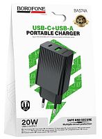 Блок питания USB QC18w +Type-C PD20w в розетку черный Borofone BAS74A