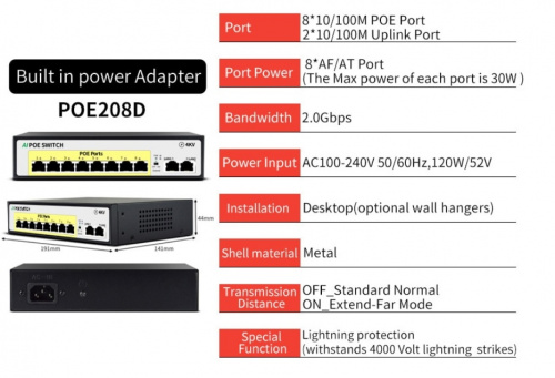 Коммутатор POE208D 8+2 портов, 10/100Mbps, 30W/канал 48V, грозозащита 4kV