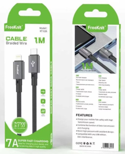 Шнур Type-C штекер - Lightning 1м PD27w 7A ткань FreeKnit KT-026 Шнур Type-C штекер - Lightning 1м PD27w 7A ткань FreeKnit KT-026
