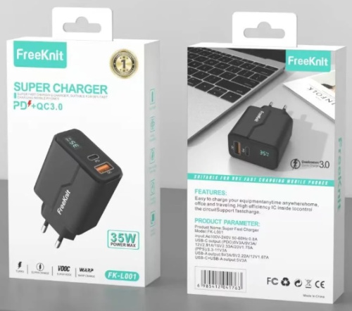 Блок питания USB QC20w +Type-C PD35w в розетку с индикатором черный FreeKnit FK-L001