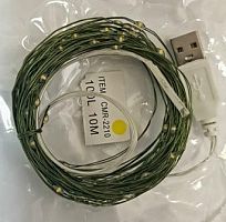 Гирлянда нить белая теплая 10 м, металлический зеленый провод LED-SMD "капелька росы" с USB CMR-2210