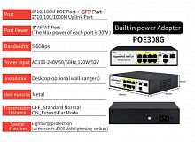 Коммутатор POE308G 8+2+1 портов, 10/100/1000Mbps, 30W/канал 48V-52V, грозозащита 4kV + SFP оптика