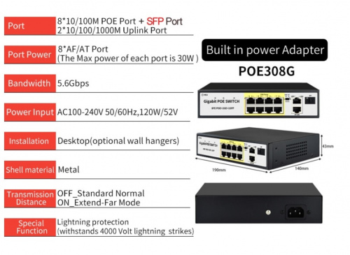 Коммутатор POE308G 8+2+1 портов, 10/100/1000Mbps, 30W/канал 48V-52V, грозозащита 4kV + SFP оптика