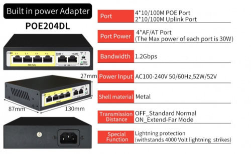 Коммутатор POE204DL 4+2 портов, 10/100Mbps, 30W/канал 52V, грозозащита 4kV