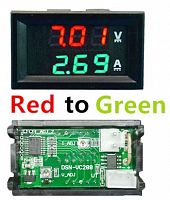 Вольтметр + амперметр в панель 0-100В/0-10А 6+2 сегментов 0,56"(15мм.) 5-пров., красно-зелёный