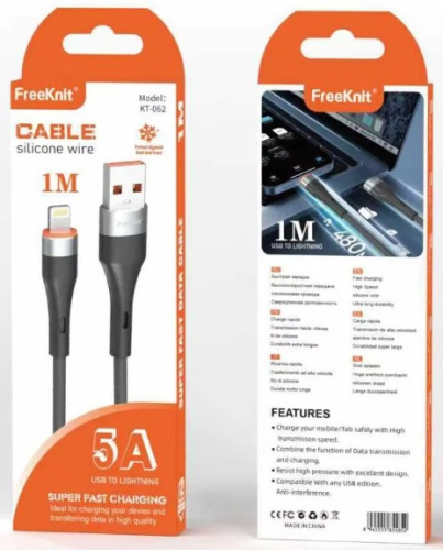 Шнур USB A штекер - Lightning 1м 3A силикон FreeKnit KT-062 Шнур USB A штекер - Lightning 1м 3A силикон FreeKnit KT-062