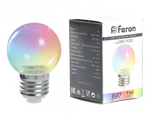 Белт-лайт Лампа E27 G45 1W RGB Прозрачная плавная смена цвета Feron LB-37
