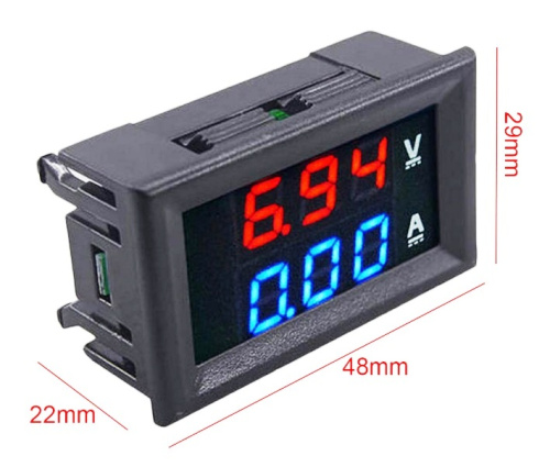 Вольтметр + амперметр в панель 0-100В/0-10А 6+2 сегментов 0,56"(15мм.) 5-пров., красно-синий фото 3