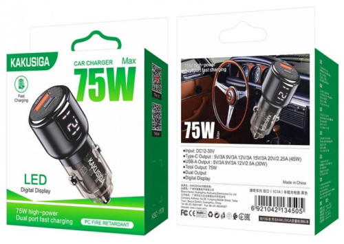 Блок питания авто 1*USB QC30w +1*Type-C PD45w + дисплей Kakusiga KSC-1178 фото 2