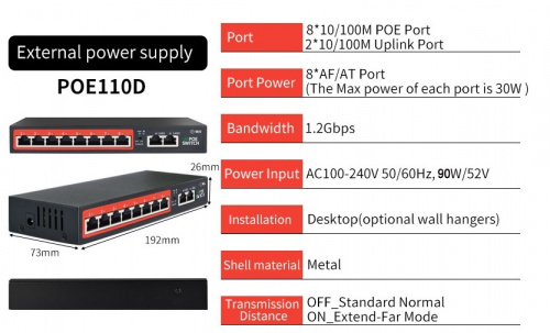 Коммутатор POE110D 8+2 портов, 10/100Mbps, 30W/канал 48V, грозозащита 4kV