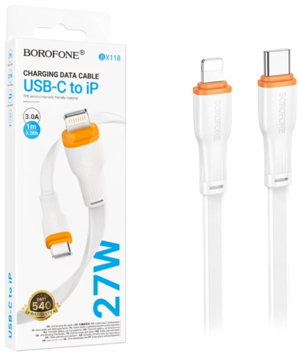 Шнур Type-C штекер - Lightning 1м 3А PD27w плоский Borofone BX118 Шнур Type-C штекер - Lightning 1м 3А PD27w плоский Borofone BX118