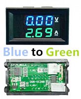 Вольтметр + амперметр в панель 0-100В/0-10А 6+2 сегментов 0,56"(15мм.) 5-пров., зелёно-синий