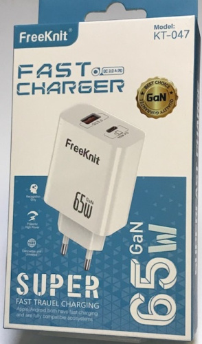 Блок питания USB QC18w +Type-C PD65w в розетку FreeKnit KT-047
