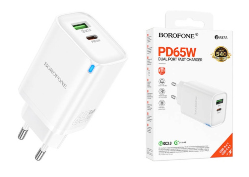 Блок питания 1*USB QC3.0 +1*Type-C PD65w в розетку Borofone BA87A