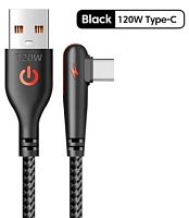 Шнур USB штекер - Type-C штекер 120w нейлон 0,25м черный, угловой