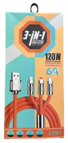 Шнур USB штекер - Lightning+Micro+Type-C 3в1 6A 1м S-219-1