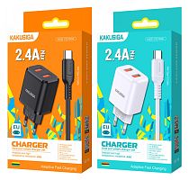 Блок питания БП 2USB 2,4A в розетку + шнур USB A шт - Type-C 1м Kakusiga KSC-793 