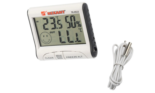 Термогигрометр комнатно-уличный REXANT измеряет температуру снаружи помещения, а также температуру и влажность внутри помещения. Регистрирует разницы температур в памяти и отображает общий уровень метеокомфорта. Имеет настольную подставку.
Технические характеристики и особенности:
Измерения температуры в °С ℉
Регистрация предельных показаний температуры(min/max).
Отображение уровня относительного метеокомфорта в помещении
Диапазон рабочих температур: –10...+50 °С (+14...+122 °С)
Диапазон температур внешнего датчика: –50...+70 °С (–58...+194 °С)
Предельные значения относительной влажности: 20-90 %
Размеры термогигрометра: 82×70×20мм
Питание: LR44 - 2 шт.
Длина провода выносного датчика: 1 м фото 5 Термогигрометр комнатно-уличный REXANT фото 5