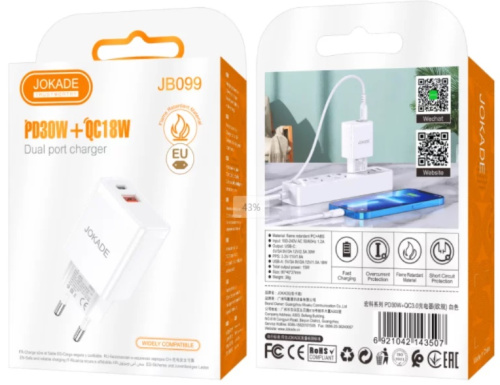 Блок питания USB QC18w +Type-C PD30w в розетку белый Jokade JB099