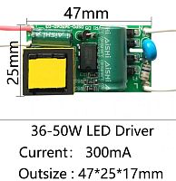 Драйвер светодиодный 300mA  108-160V , 36-50W AC200-240V, без корпуса 47*25*17 мм. DSPO-365060-03